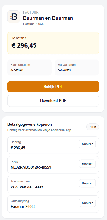 De online factuurpagina die de klant ontvangt