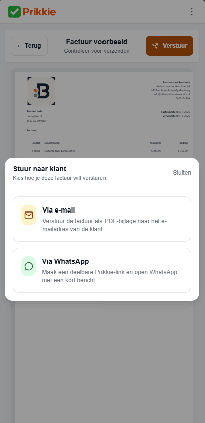 Keuze om een factuur via e-mail of WhatsApp te versturen